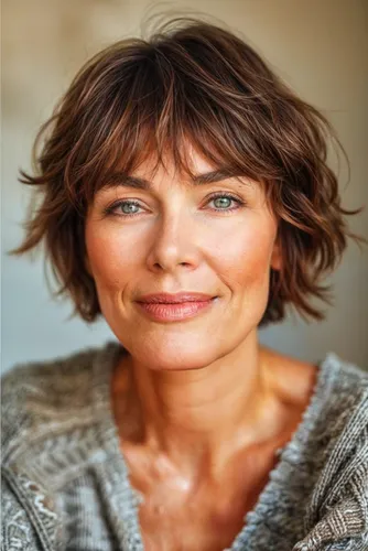Try on a short, wavy hairstyle with layered bangs that gracefully frame the face, enhancing a youthful and dynamic appearance.