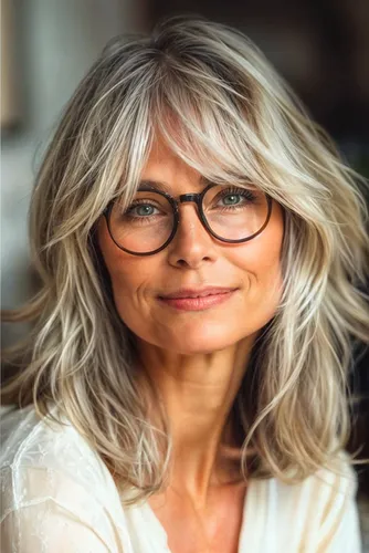 Try on this layered, wavy hairstyle in grey tones, complemented by feathered bangs, ideal for adding volume and texture.