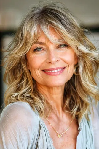 Try on this soft wavy blonde hairstyle that frames the face with gentle cascading waves and subtle layers, enhancing the overall cheerful and graceful look.