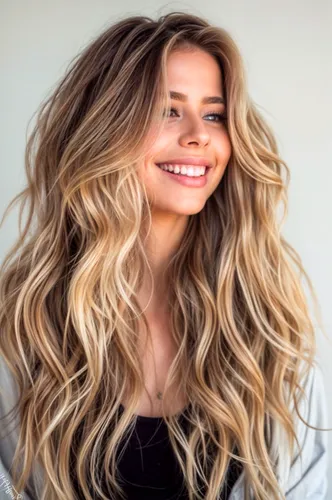 Try on this long, wavy hairstyle with blonde highlights that create a voluminous and dynamic appearance. This style frames the face beautifully, adding a touch of youthfulness and vibrancy.