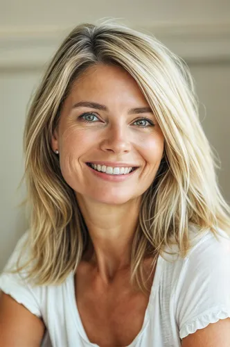 try out the beach waves hairstyle on this woman with a cheerful expression and light blonde hair gently curling at the ends.