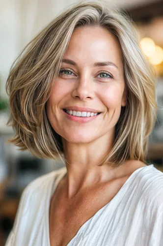 Try on a short, wavy hairstyle, showcasing light blonde hair cut above the shoulders, ideal for a lively, refreshing look.