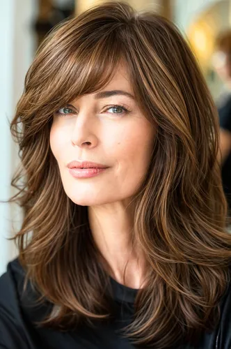 try on this stylish wavy, layered hairstyle with various tones of brown highlighting a lush, voluminous look.