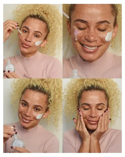Try on this voluminous, tightly curled blonde hairstyle captured in various poses.