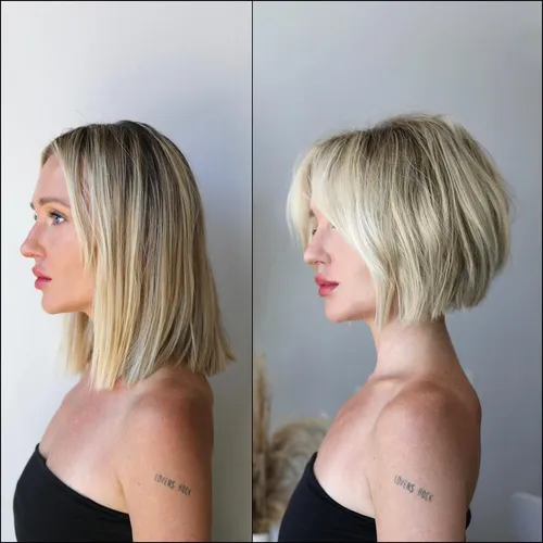 Try on these two distinct hairstyles! On the left, view the straight, long blonde hair reaching just past the shoulders. On the right, consider the tousled, chin-length bob with layered texture.