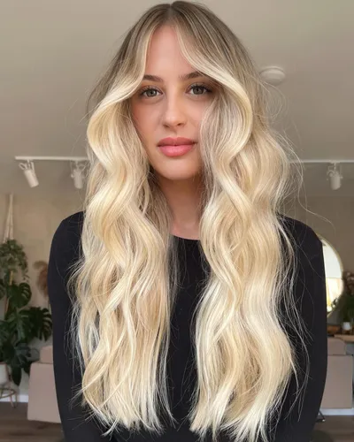 Try on this long, wavy blonde hairstyle that flows luxuriously over the shoulders, featuring darker roots that gradually blend into bright blonde hues.