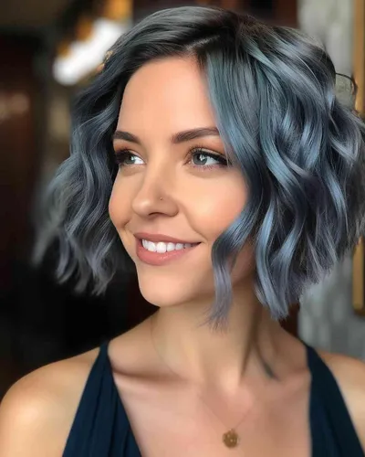 Try on a trendy hairstyle featuring short, wavy blue locks, perfect for showcasing a vibrant, playful look.