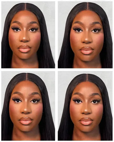 Try on this sleek long straight hairstyle, modeled by a face of a woman multiple times with subtle changes in head orientation, perfect for various insights on how this hairstyle might suit you.