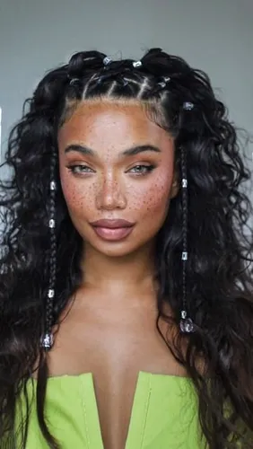 Try on this hairstyle featuring long, curly hair adorned with small, shiny beads along thin braids, adding a sparkle to the look.