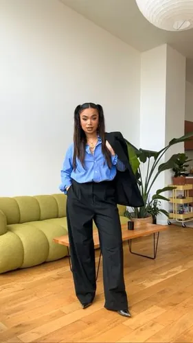 Try on this sleek center-parted long hairstyle, perfect for a polished and professional look.