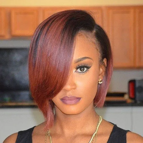 Try on this hairstyle with short and dyed hair, featuring vibrant red tones blending into darker shades towards the ends.