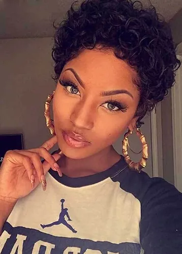 Try on this stylish short and curly hairstyle that frames the face beautifully with well-defined, springy curls adding volume and texture.