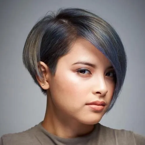 try on a trendy short hairstyle with side-swept bangs and a blend of natural and blue tones