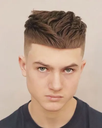 Try on a modern hairstyle with short sides and a textured top, styled forward with some volume.