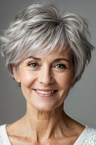 Try on a short, stylish gray hairstyle, voluminous and layered with natural wave, ideal for a refreshing, youthful look.