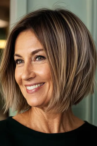 Try on a highlighted bob cut hairstyle, showcasing a modern and stylish look with blended light and dark tones.