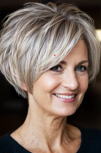 Try on this stylish short, layered hairstyle with natural grey and blonde highlights. The cut provides a youthful, vibrant look, suiting an elegant and modern style.