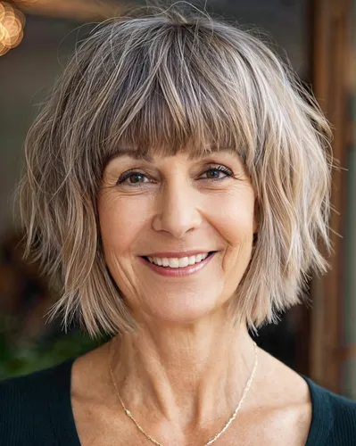 Try on a shaggy bob hairstyle with gray tones, perfect for a fresh and stylish look.