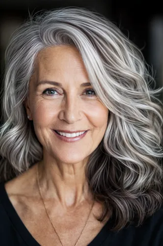 Elegant medium-length grey hairstyle for women, perfectly styled for professional settings, enhancing a modern and sophisticated look.