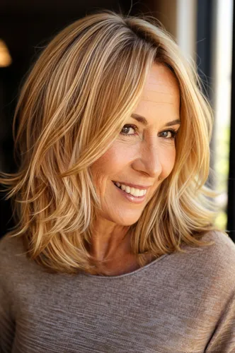 Try on this flattering medium length wavy hairstyle, creating a soft, voluminous look with layers that frame the face beautifully.