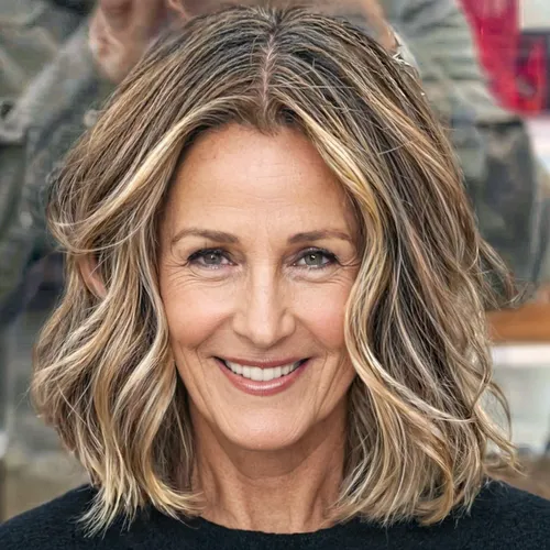 Try on this medium-length, wavy hairstyle with blonde highlights.