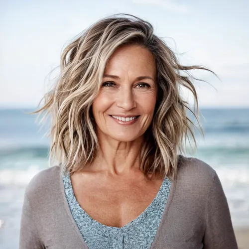 Try on this wavy, blonde hairstyle featuring light and dark shades, offering a stylish and relaxed appearance.