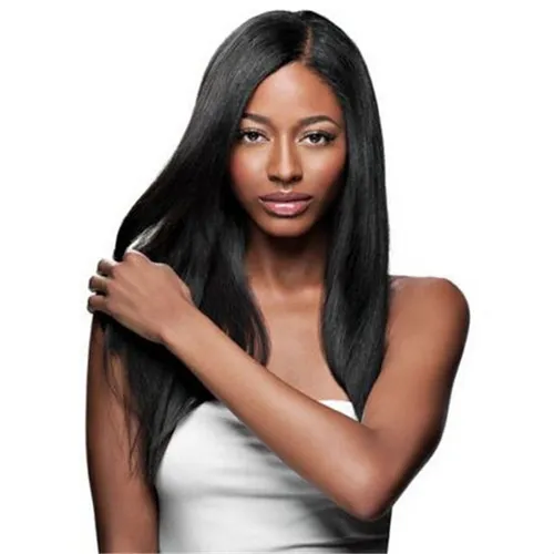 Try on this elegant long straight hairstyle on a model, featuring sleek dark hair cascading over her shoulders.