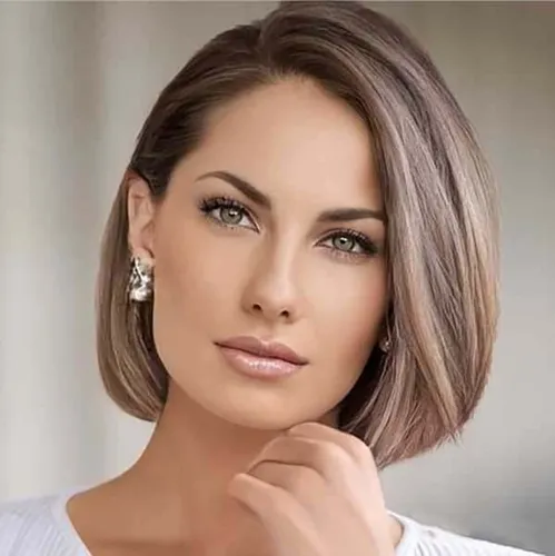 Try on this elegant bob cut hairstyle, featuring smooth, straight hair that elegantly frames the face, making it a versatile choice for various occasions.