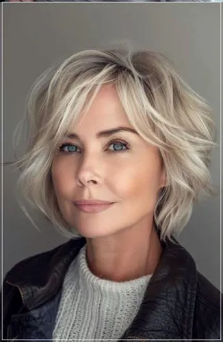 Try on this flattering short, wavy hairstyle featuring subtle highlights for a modern look.
