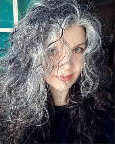 Try on this naturally curly, predominantly gray hairstyle with some black strands mixed throughout, providing a striking contrast and enhancing the texture.