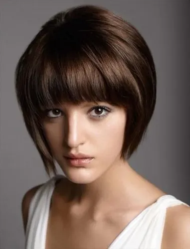 Try on this sleek bob cut featuring neat bangs.
