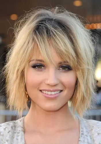 Try on a messy bob hairstyle characterized by its tousled, textured look with blonde hair