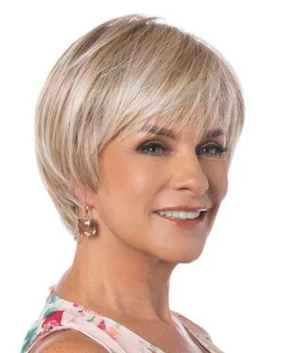Try on this stylish short blonde hairstyle with layers and side-swept bangs
