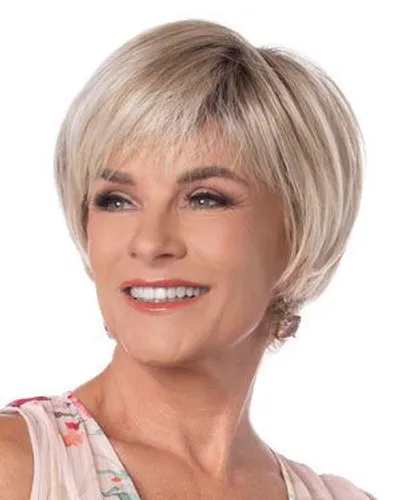 Try on this elegant short blonde hairstyle with layered bangs.