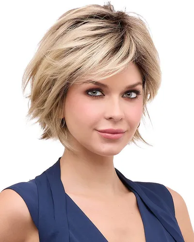 Try on this stylish short blonde hairstyle with light layering and side-swept bangs.