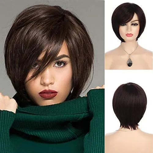 Try on this trendy short bob haircut with a side-swept fringe, perfect for a modern chic look.