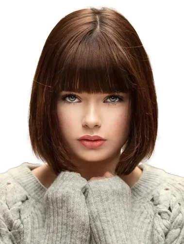 Try on a hairstyle featuring a bob cut with straight bangs covering the forehead.