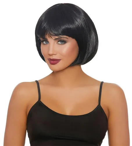 Try on a sleek bob cut with fringe, featuring shiny and smooth black hair