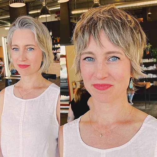 Try on two different hairstyles: a sleek bob cut and a textured pixie cut on a woman with light blonde hair.