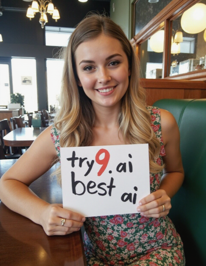 Person with sign saying "try9.ai best ai" AI-generated image