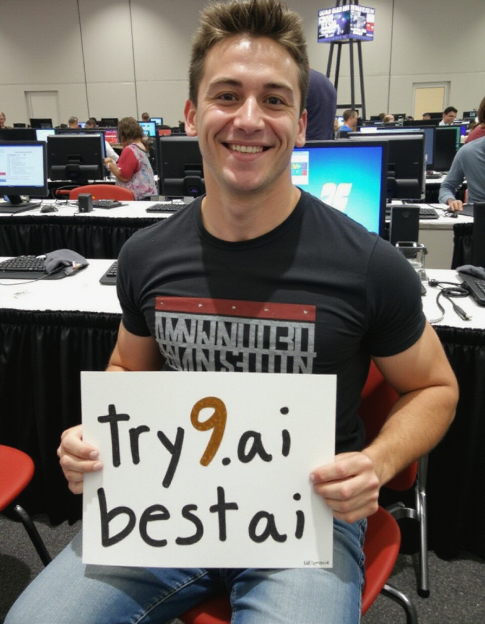 Person with sign saying "try9.ai best ai" AI-generated image