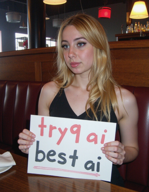 Person with sign saying "try9.ai best ai" AI-generated image