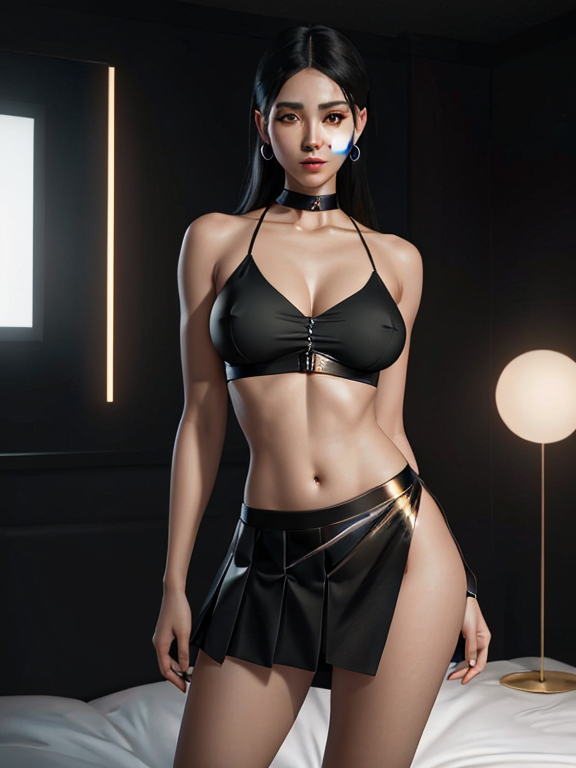 Portrait, A beautiful woman that is standing in a modern room, Hot anime girl, hot pose, giant boobs, laying in bed, Black black and white tiny pleated miniskirt, tiny  crop top, erect nipples, skinny, tiny waist, full body view, real full body height, beautiful woman standing confidently in a bright, modern room with minimal decor, vivid lighting, and an elegant atmosphere, highly detailed and intricate digital painting, with sharp focus and smooth textures, inspired by the works of artgerm, Beautiful hair, Makeup, Octane render, 8k, Beautiful lighting, Golden ratio composition, hyper realistic