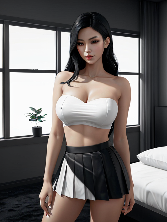 Portrait, A beautiful woman that is standing in a modern room, Hot anime girl, hot pose, giant boobs, laying in bed, Black black and white tiny pleated miniskirt, tiny strapless crop top, erect nipples, skinny, tiny waist, full body view, real full body height, beautiful woman standing confidently in a bright, modern room with minimal decor, vivid lighting, and an elegant atmosphere, highly detailed and intricate digital painting, with sharp focus and smooth textures, inspired by the works of artgerm, Beautiful hair, Makeup, Octane render, 8k, Beautiful lighting, Golden ratio composition, hyper realistic