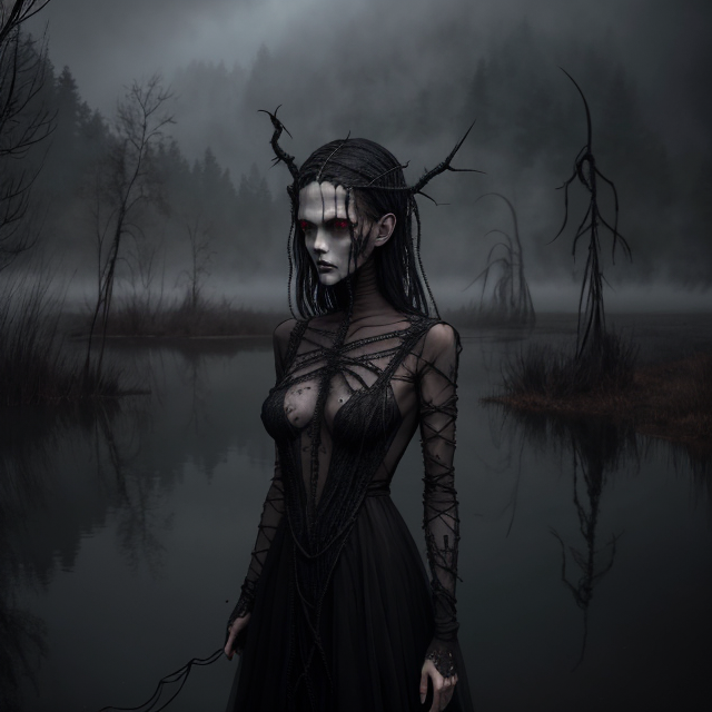  by Anton Semenov, An eldritch mannequin with barbed wires sticking out of it, dark aura, stalking in a misty lake, unspeakable horrors in the background,  in a threatening pose, wearing a stained black dress, high detail, high resolution, abstract dream, intricate details <lora:Add More Details:0.7>