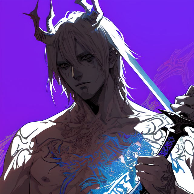 The Demon King holding a sword, in Carne Griffiths art style, illustration, ink illustration, white background, Make a logo, on triangle shape, minimal structure, ((white background)), Ultra detailed, look at the camera