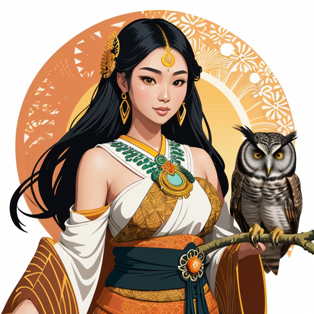 beautiful Javanese woman in her thirties with an owl, planar vector, character design, japan style artwork, on a shamanic vision quest, with beautiful nocturnal sun and lush Amazon jungle in the background, subtle geometric patterns, clean white background, professional vector, full shot, 8K resolution, deep impression illustration, sticker type, vibrant color, colorful background, a painting illustration , 2D
