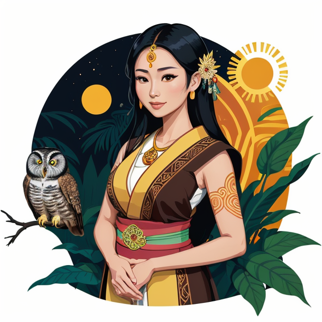 beautiful Javanese woman in her thirties with an owl, planar vector, character design, japan style artwork, on a shamanic vision quest, with beautiful nocturnal sun and lush Amazon jungle in the background, subtle geometric patterns, clean white background, professional vector, full shot, 8K resolution, deep impression illustration, sticker type, vibrant color, colorful background, a painting illustration , 2D