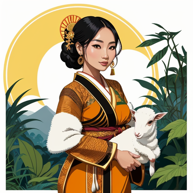 beautiful Javanese woman in her thirties with a lamb, planar vector, character design, japan style artwork, on a shamanic vision quest, with beautiful nocturnal sun and lush Amazon jungle in the background, subtle geometric patterns, clean white background, professional vector, full shot, 8K resolution, deep impression illustration, sticker type, vibrant color, colorful background, a painting illustration , 2D
