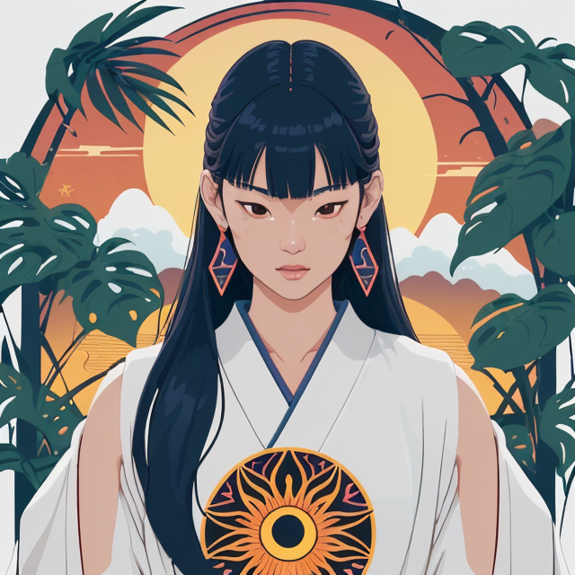 an illustration for Variable Interest Rate, planar vector, character design, japan style artwork, on a shamanic vision quest, with beautiful nocturnal sun and lush Amazon jungle in the background, subtle geometric patterns, clean white background, professional vector, full shot, 8K resolution, deep impression illustration, sticker type, vibrant color, colorful background, a painting illustration , 2D